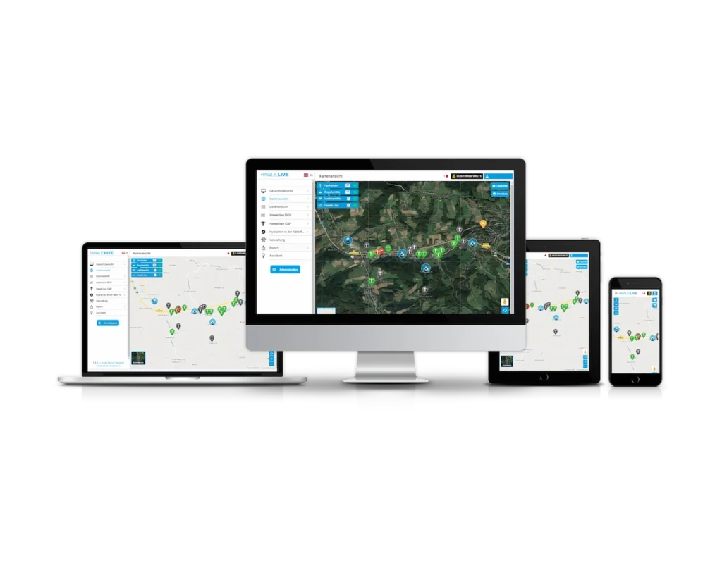 Interfejs Hawle.live APP z mapą sieci wodociągowej wyświetlany na komputerze, tablecie 
i smartfonie
