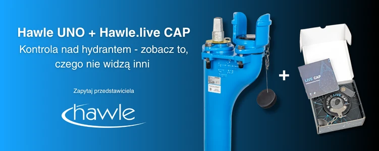 Hydrant podziemny Hawle UNO z modułem Hawle.live CAP i nowym urządzeniem Hawle.live cap w otwartym nowoczesnym opakowaniu dla inteligentnego monitoringu hydrantów podziemnych